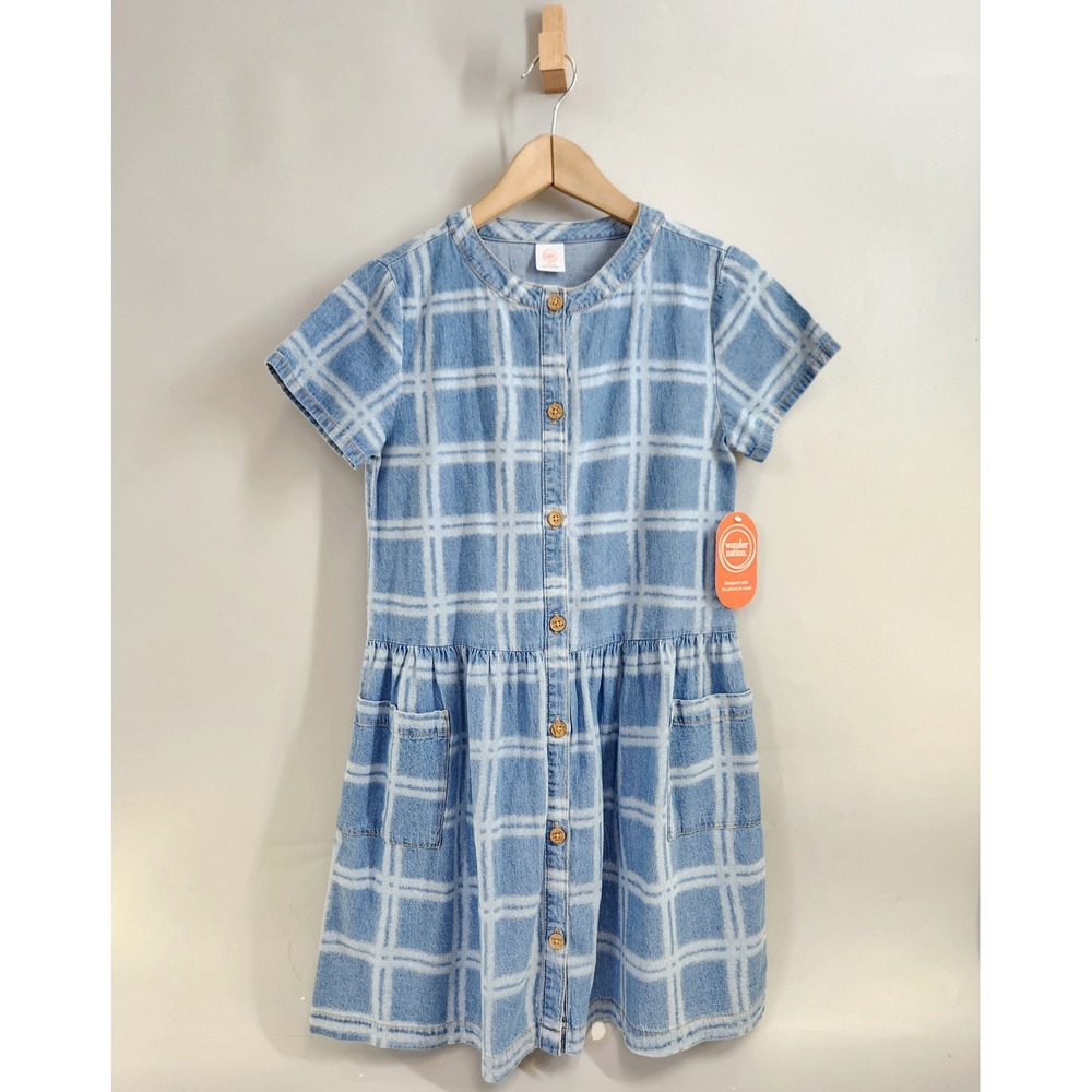 Wonder Nation Shirt Dress Girls L 10-12 Blue Plaid Denim Button Front Pockets
